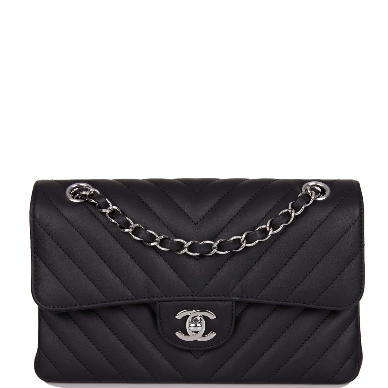 Chanel Black Chevron Calfskin Small Classic Double Flap Silver Hardware ...