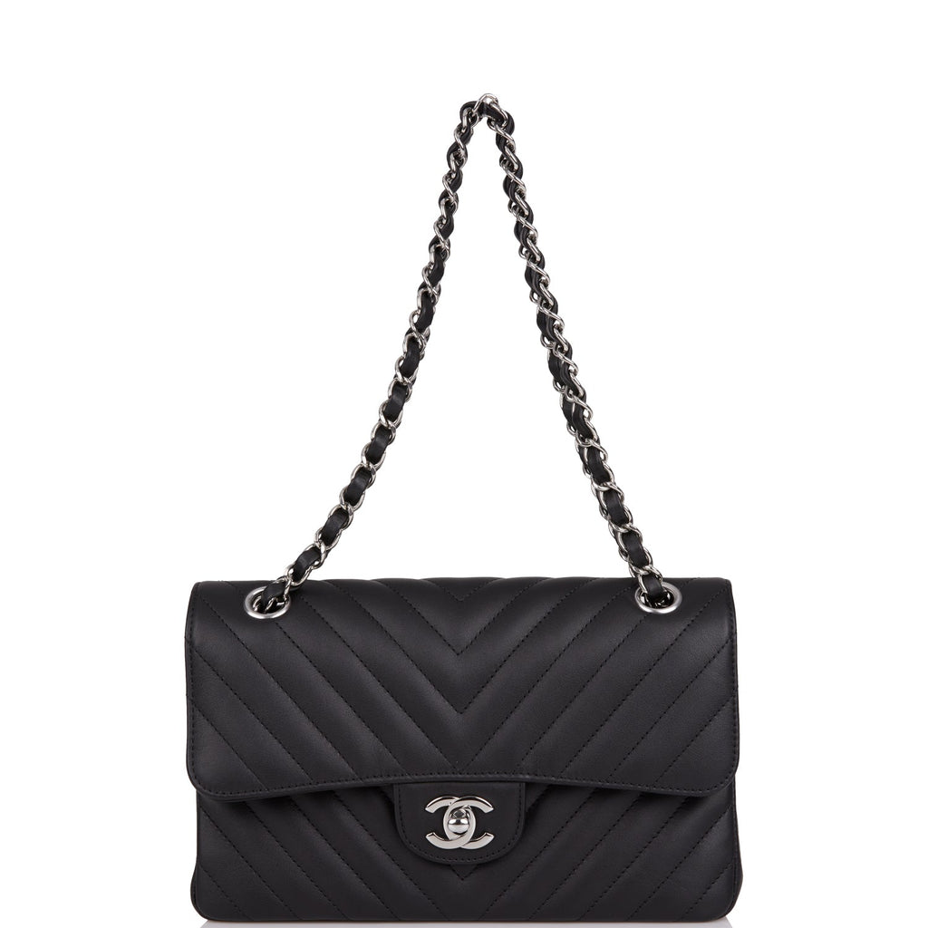 Chanel Black Chevron Calfskin Small Classic Double Flap Silver Hardware –  Madison Avenue Couture