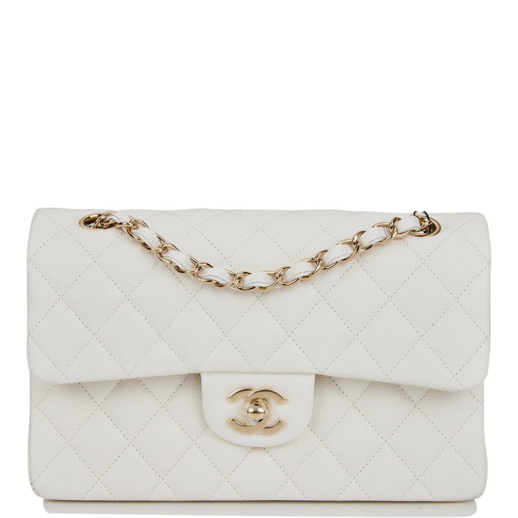 Chanel White Quilted Caviar Small Classic Double Flap Bag Light Gold ...
