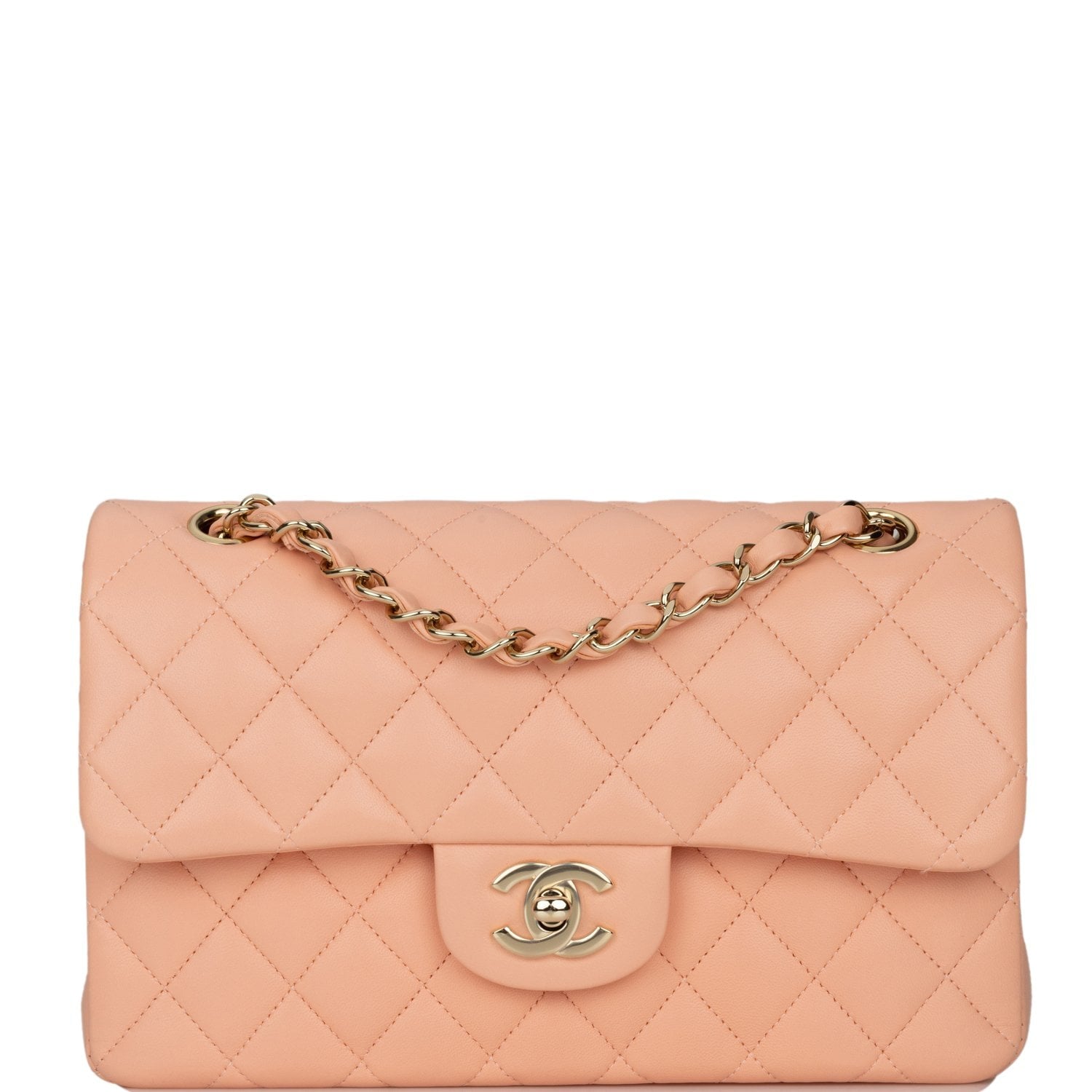 Chanel Peach Quilted Lambskin Small Classic Double Flap Bag Light Gold ...