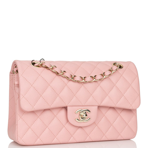 Chanel Pink Quilted Caviar Small Classic Double Flap Bag Light Gold ...