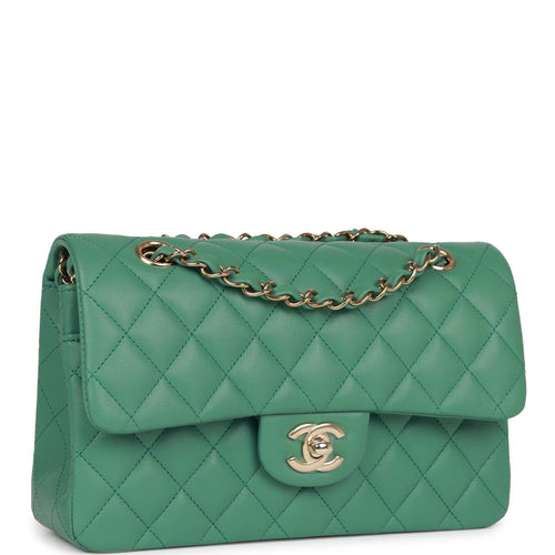 Chanel Small Classic Double Flap Bag Green Lambskin Light Gold Hardware