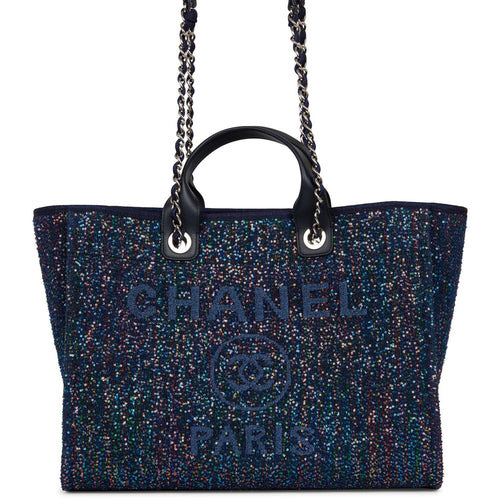 Chanel Small Deauville Shopping Bag Blue Boucle Silver Hardware