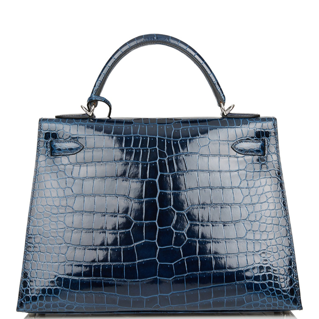 Hermes Kelly 32 Bleu Baltique Shiny Crocodile Palladium Hardware ...