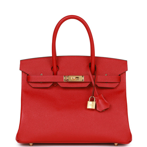 Hermes Rouge Vif Lipstick Red 30cm Birkin Gold Hardware - Chicjoy