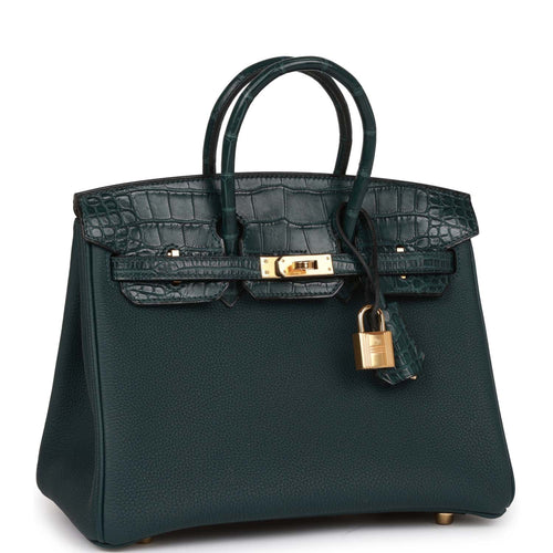 Hermes Kelly Sellier 25 Vert Rousseau Shiny Porosus Crocodile