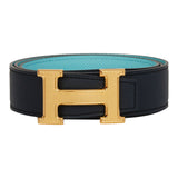 Hermes 32mm Reversible Bleu Indigo/Bleu Atoll Constance H Belt 85cm Guilloche Gold Buckle