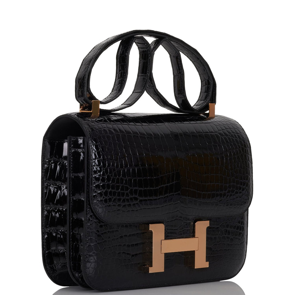 Hermes Constance 24 Black Shiny Porosus Crocodile Rose Gold Hardware ...