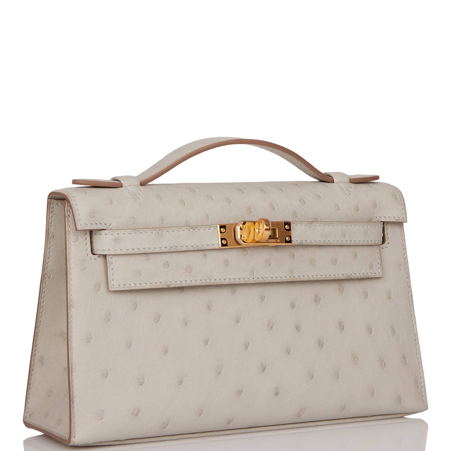 Hermes Kelly Pochette Gris Perle Ostrich Gold Hardware – Madison Avenue ...