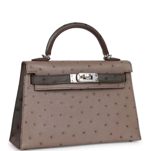 HERMES Kelly 28 Sellier Grey Ostrich Exotic Leather Gold Tote Top