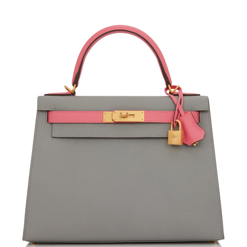 Pre-owned Hermes Special Order (HSS) Kelly Sellier 25 Gris Asphalt Verso  Ostrich Brushed Gold Hardware