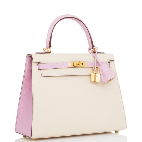 Hermes HSS Kelly 25 Craie and Mauve Sylvestre Epsom Gold Hardware ...