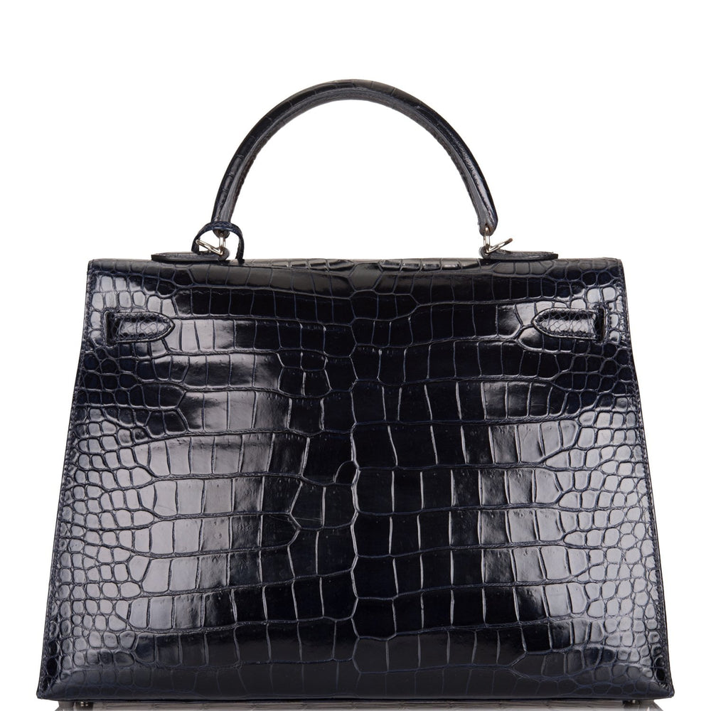 Hermes Bleu Marine Shiny Porosus Crocodile Sellier Kelly 35cm Palladium Hardware