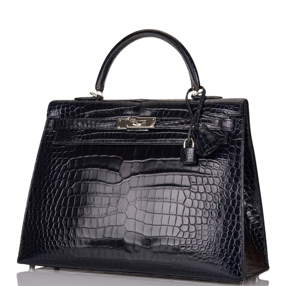 Hermes Bleu Marine Shiny Porosus Crocodile Sellier Kelly 35cm Palladium Hardware