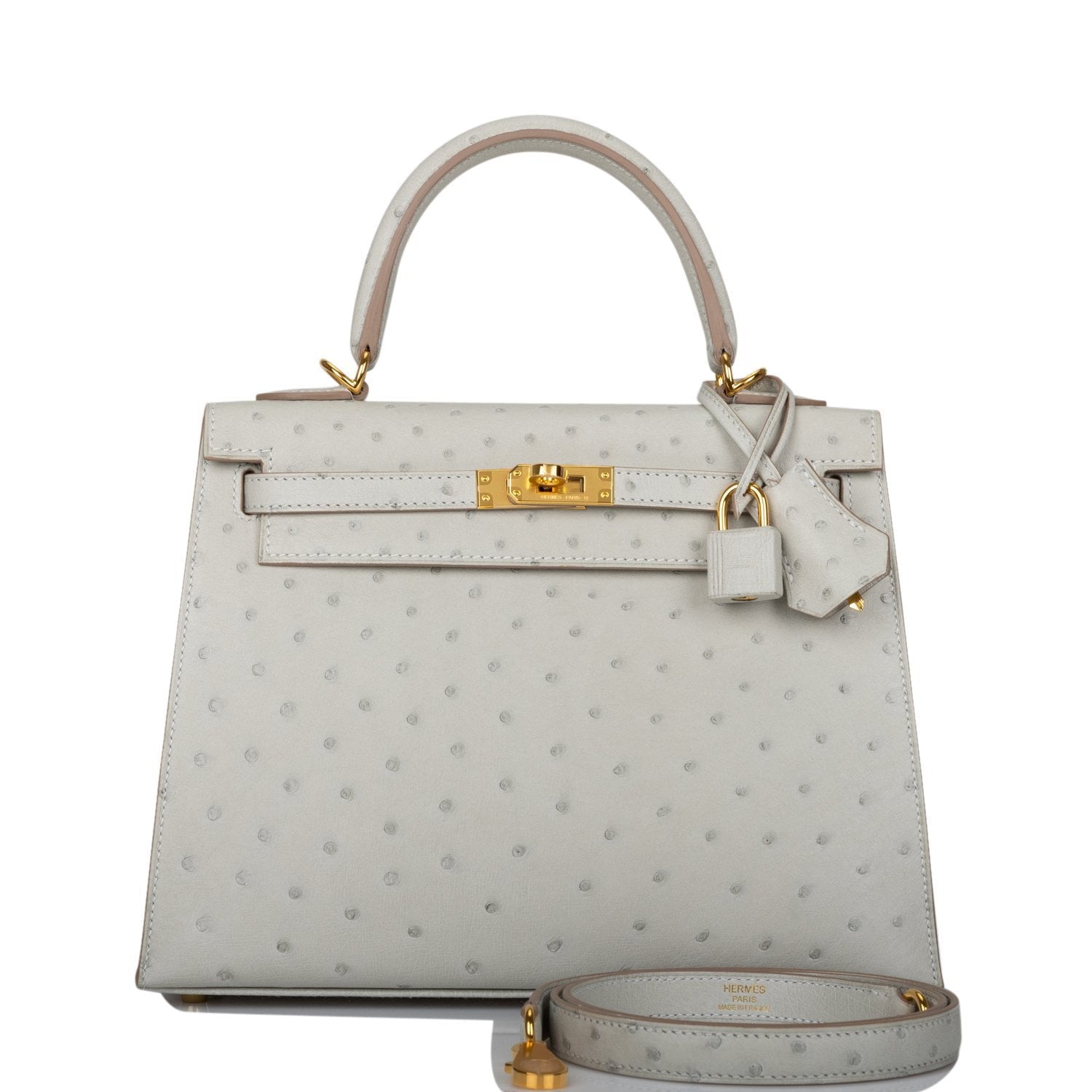 Hermes Kelly Sellier 25 Gris Perle Ostrich Gold Hardware – Madison ...