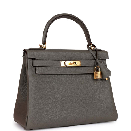 Hermes Special Order (HSS) Kelly Sellier 28 Gris Agate and Gris Perle  Ostrich Brushed Gold Hardware - Grey / New or Never…