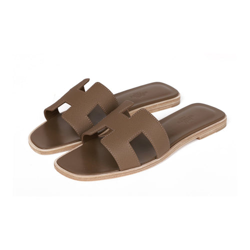 Size 38 Brand New Hermes Etoupe Epsom Calfskin Oran Sandals With Copy  Receipt