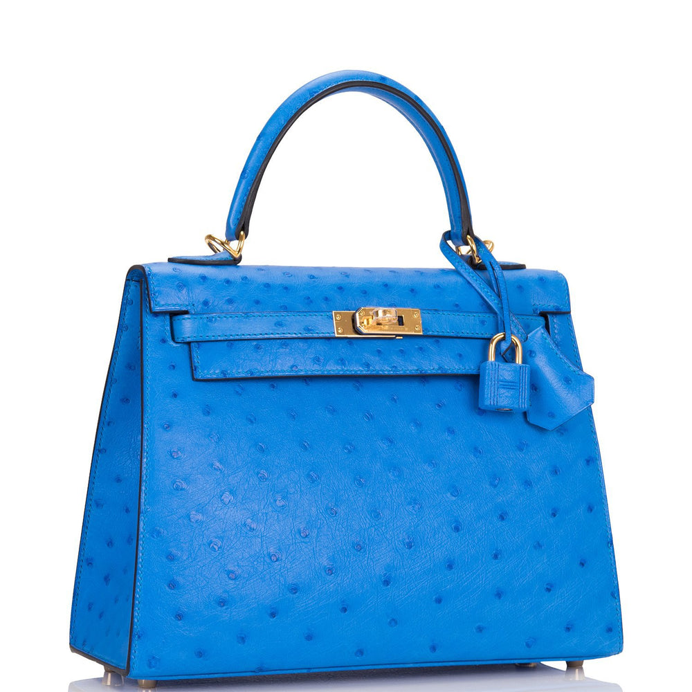 Hermes Bleuet Ostrich Sellier Kelly 25cm Gold Hardware