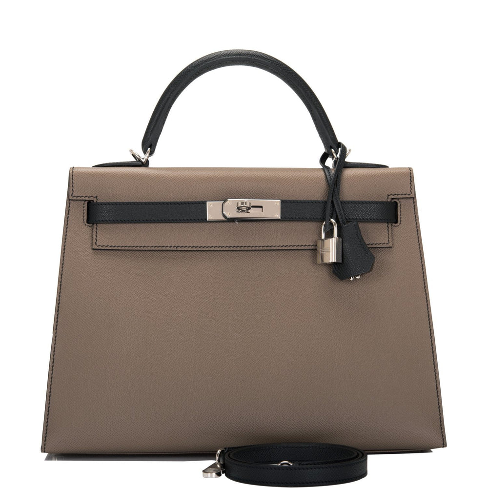 Hermes HSS Bi-Color Etoupe and Black Epsom Sellier Kelly 32cm Palladium Hardware