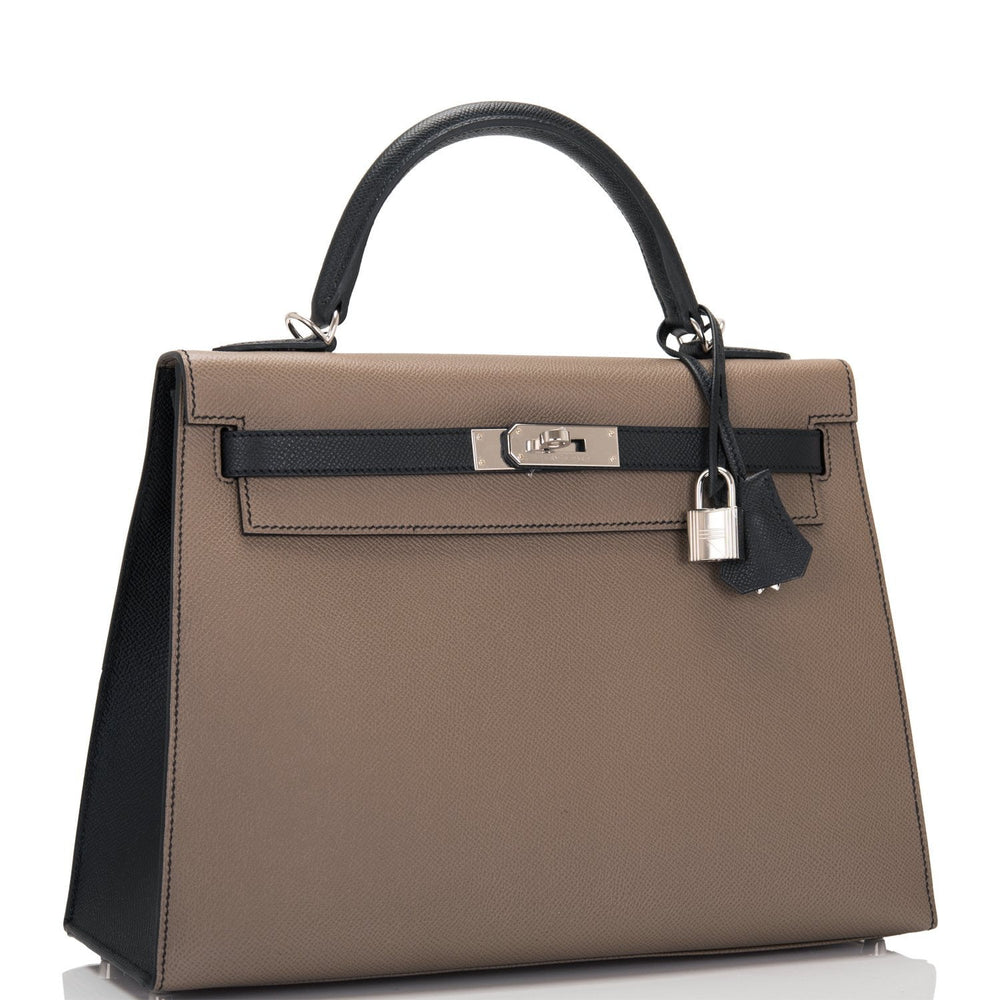 Hermes HSS Bi-Color Etoupe and Black Epsom Sellier Kelly 32cm Palladium Hardware