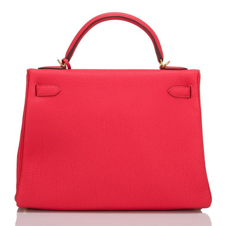 Hermes Rouge Pivoine Togo Kelly 32cm Gold Hardware