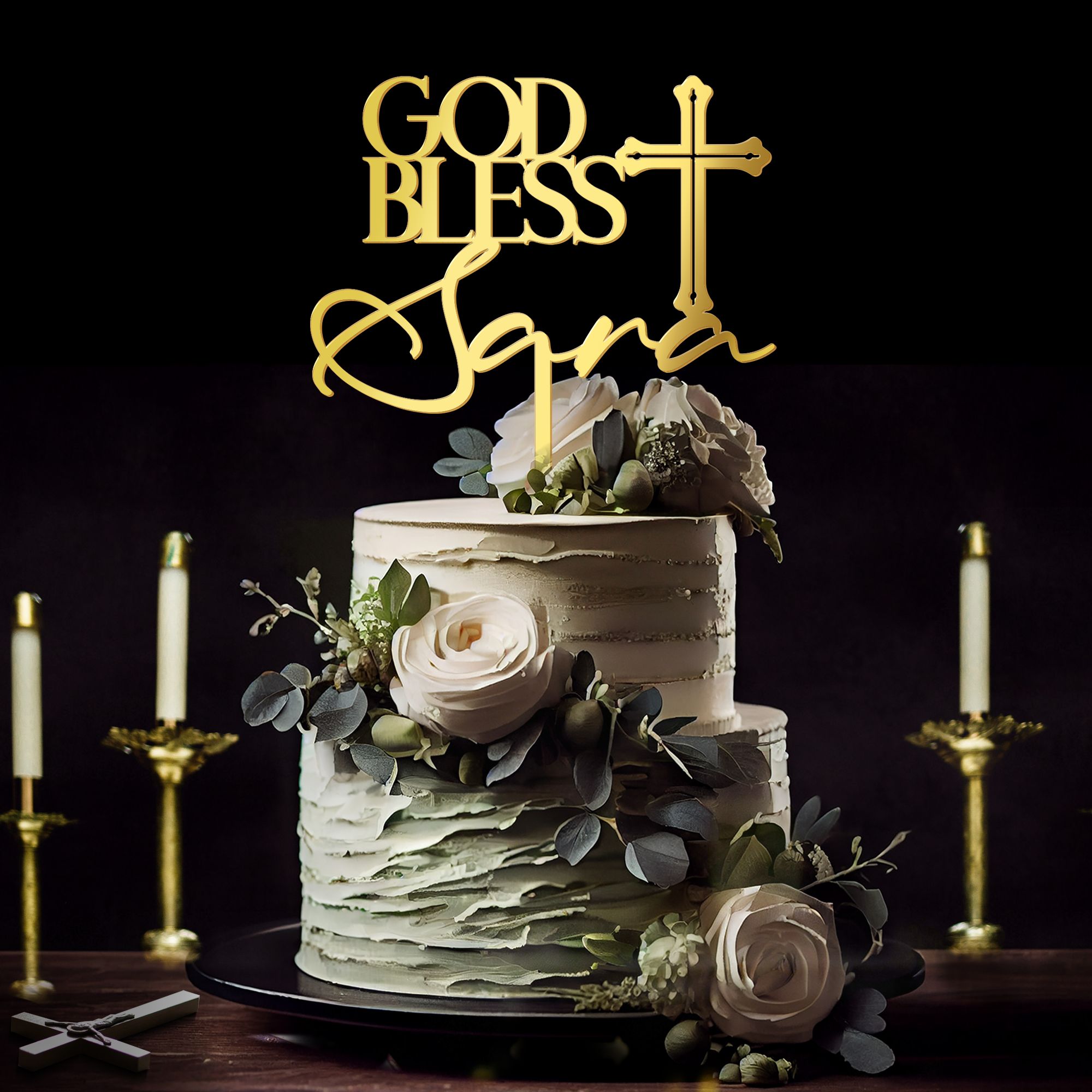 Personalized God Bless Baptism Cake Topper in Acrylic with Cross D3 - Custom Name