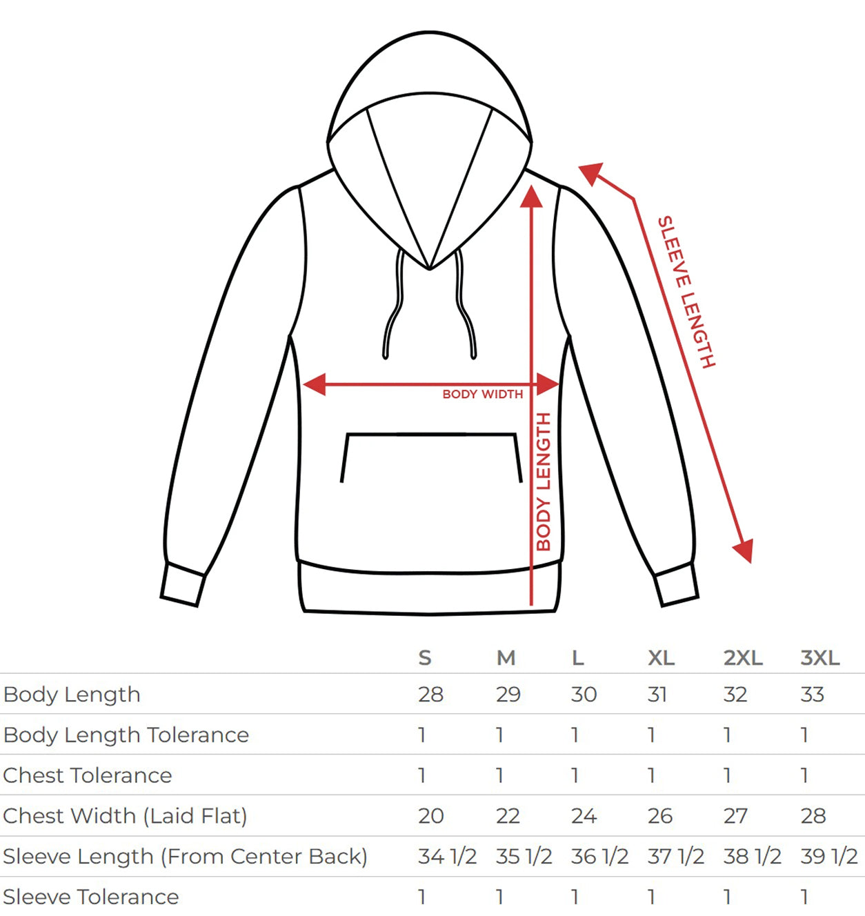 pullover size chart