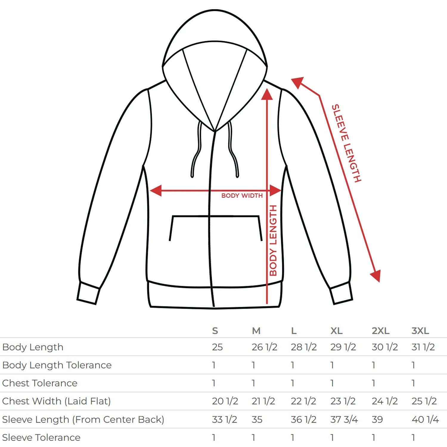 zip up hoodie size chart