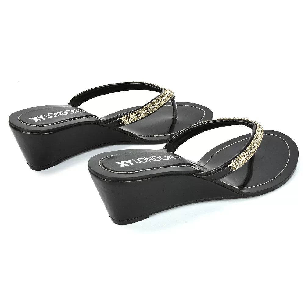 Norah Toe Post Thong Strappy Slip On Diamante Wedge Heeled Sandals