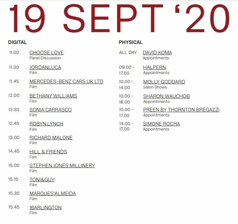 18th September schedule for London Fashion Week September 2020