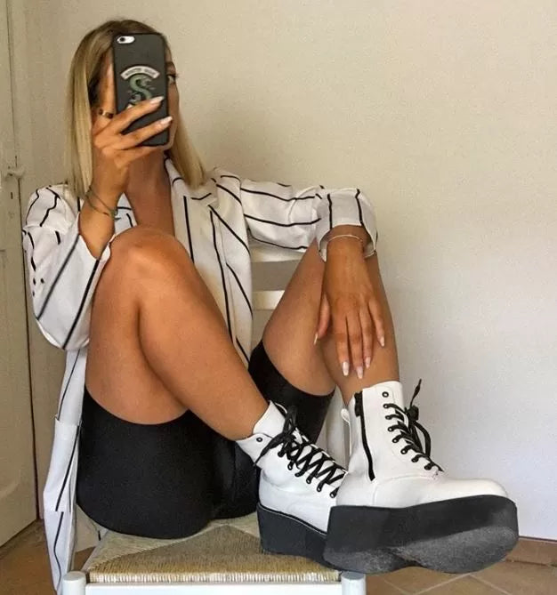Blogger wearing white lace up white Military Boots Women