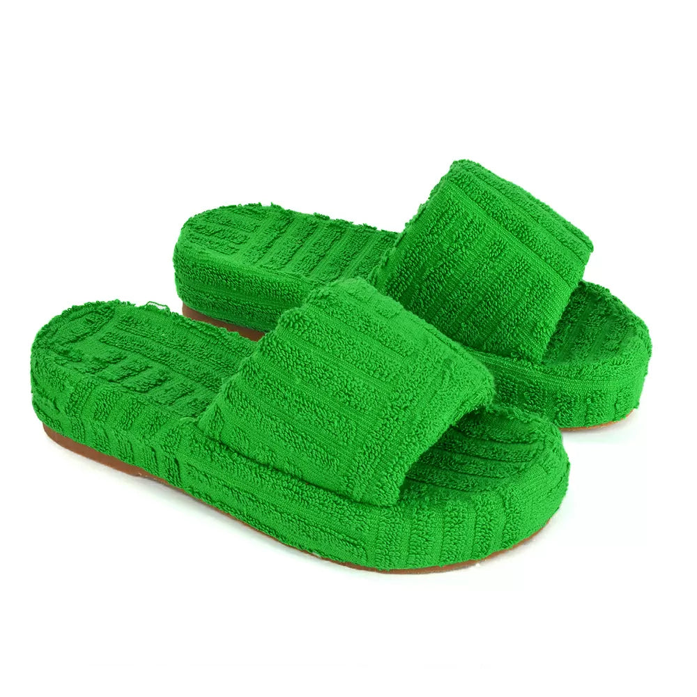 XY London Darla Terry Towelling Sliders Platform Flat Slippers in Green