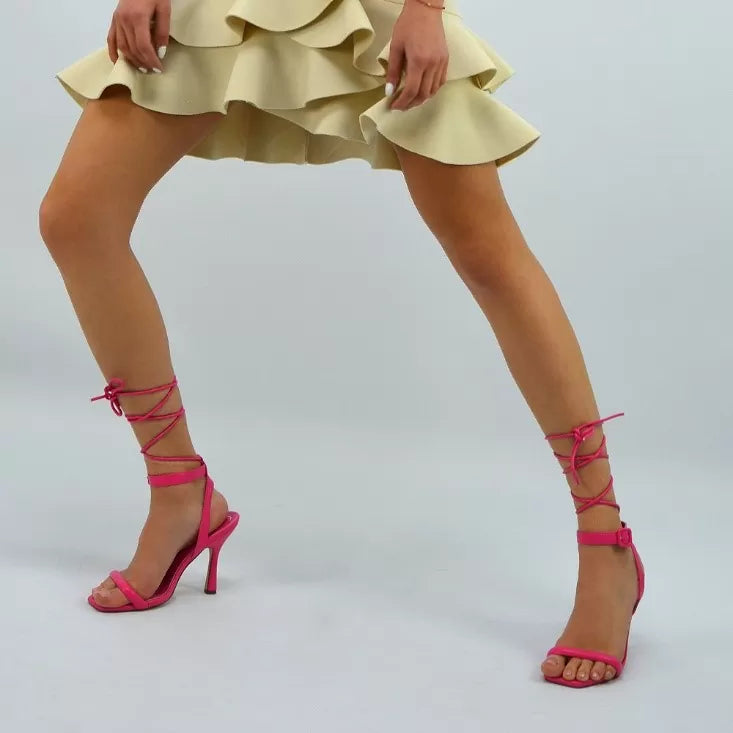 XY London Althea Square Toe Lace up Strappy High Heel Sandals in Fuchsia Synthetic Leather