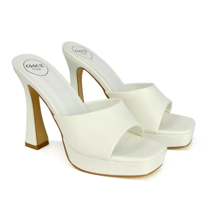 XY London Anita Square Toe Slip on Sandal High Heel Mules in White Synthetic Leather