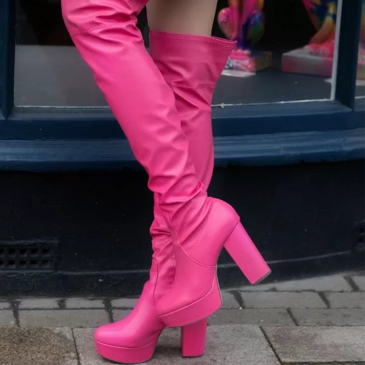 XY London Beverly Block High Heel Over the Knee Thigh High Statement Platform Boots in Pink Synthetic Leather