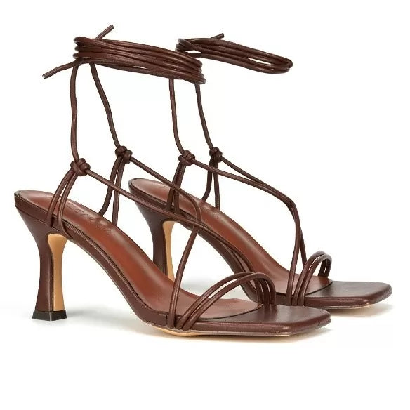 XY London Callie Lace up Square Toe Mid High Heel Sandals in Brown Synthetic Leather