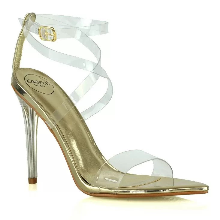 XY London Fallon Pointed Toe Perspex Stilettos in Gold