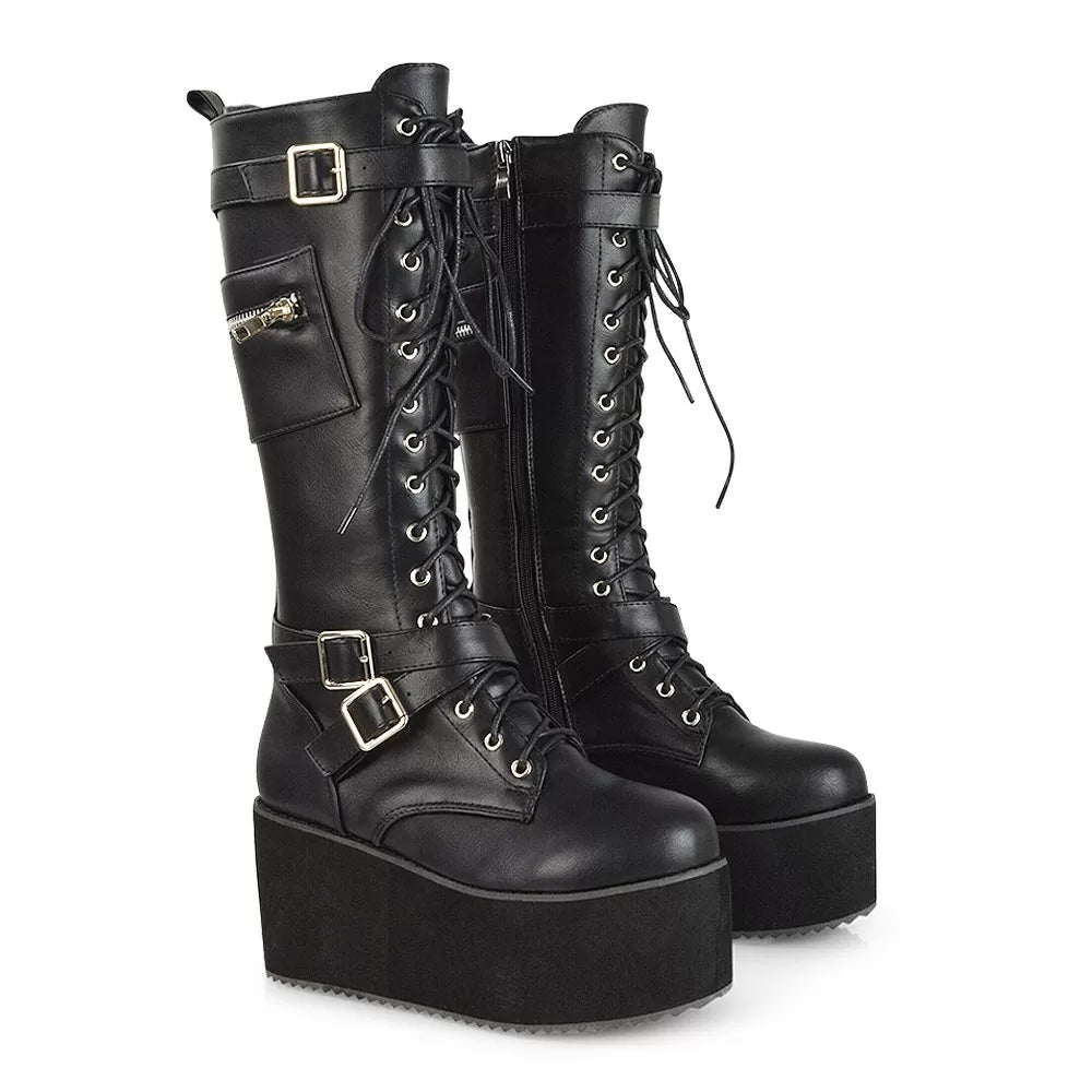 XY London Francesca Platform Calf Knee High Biker Boots