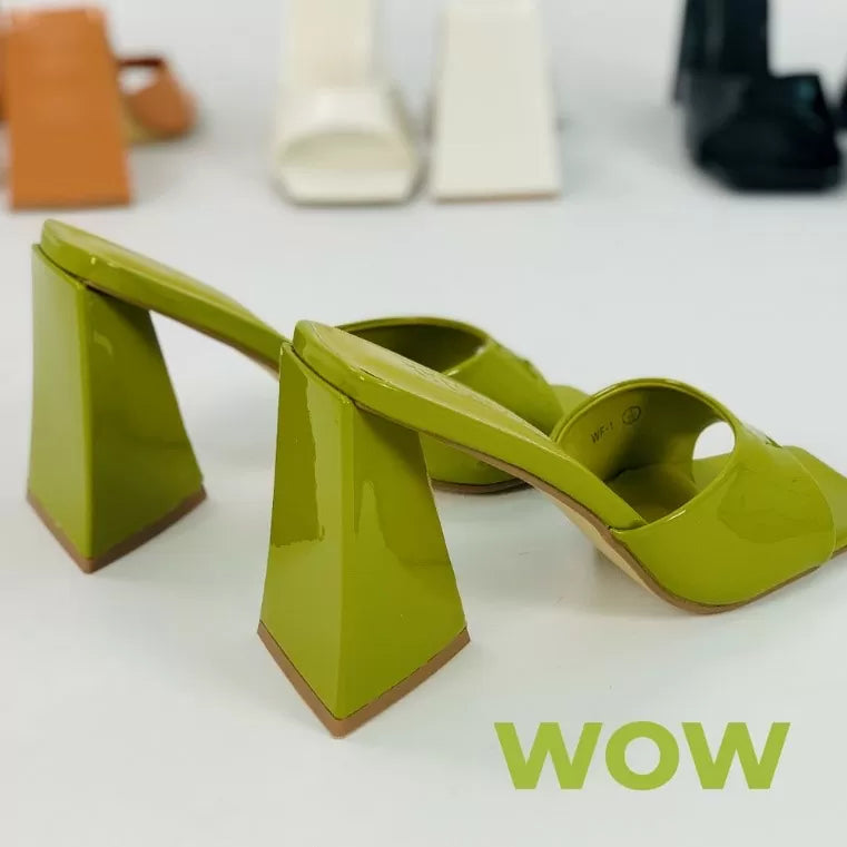 XY London Gracia Square Peep Toe Sculptured Flared Block Heeled Mules in Green