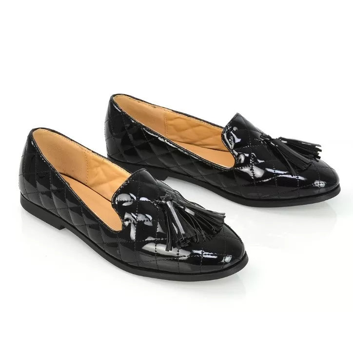 XY London Halanna Quilted Design Tassel Detail Slip on Smart Flat Loafers in Black Patent