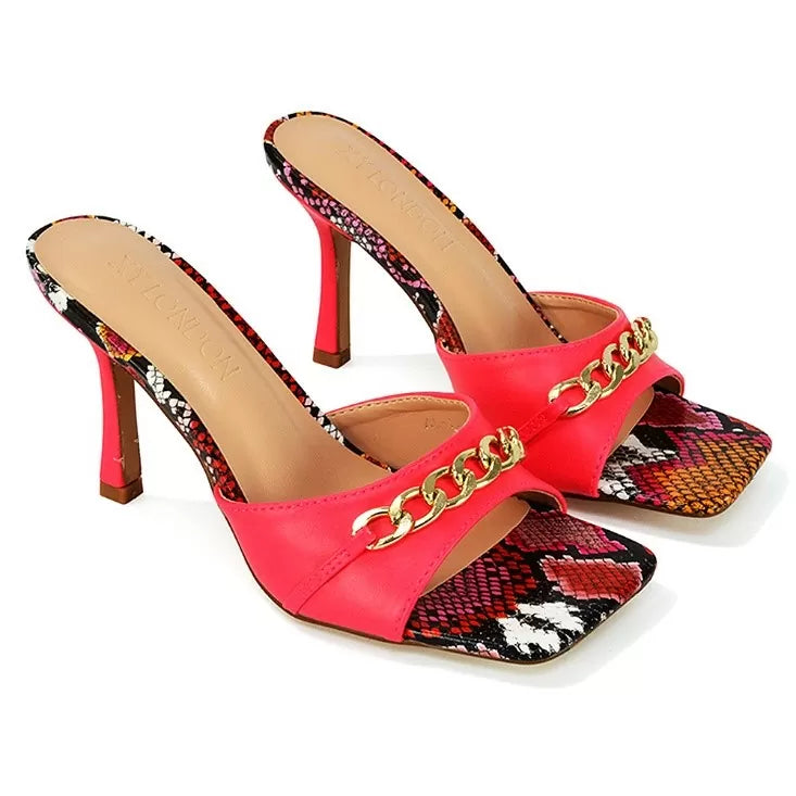 XY London Irisa Chain Detail Strappy Slip on Stiletto Square Toe Heel Mule in Pink