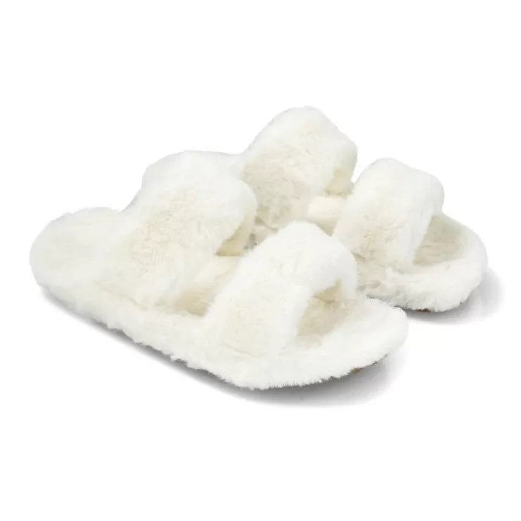 XY London Kiara Fluffy Faux Fur Double Strap Slip on Cosy Lounge Flat Slippers in White