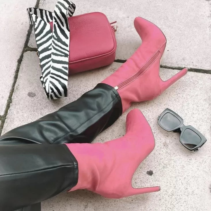XY London Square Toe High Slim Block Heel Sock Ankle Boots In Fuchsia