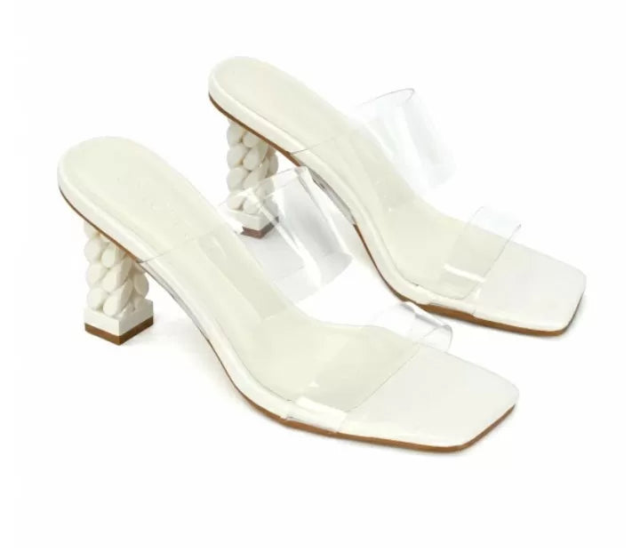 Lucky Clear Strap Mid Heel Mules in White