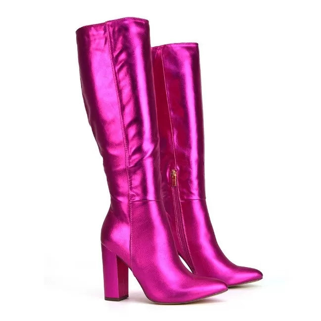 XY London Opal Fuchsia Metallic Statement Knee High Pointed Toe Block Heeled Long Boots