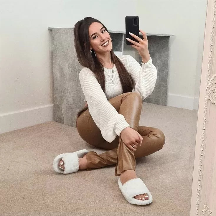 XY London Tally Flat Fluffy Faux Fur Thick Front Strap Slider Women’s Slippers in White