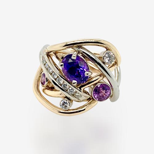 14k Two Tone Gold With Purple Sapphires & Diamonds