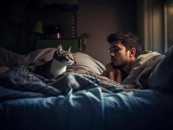 Cat sleeping on bed with human