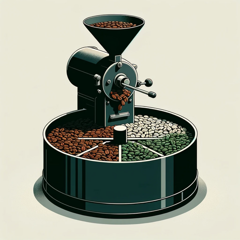 A coffee machine with different roasts of beans laying below it