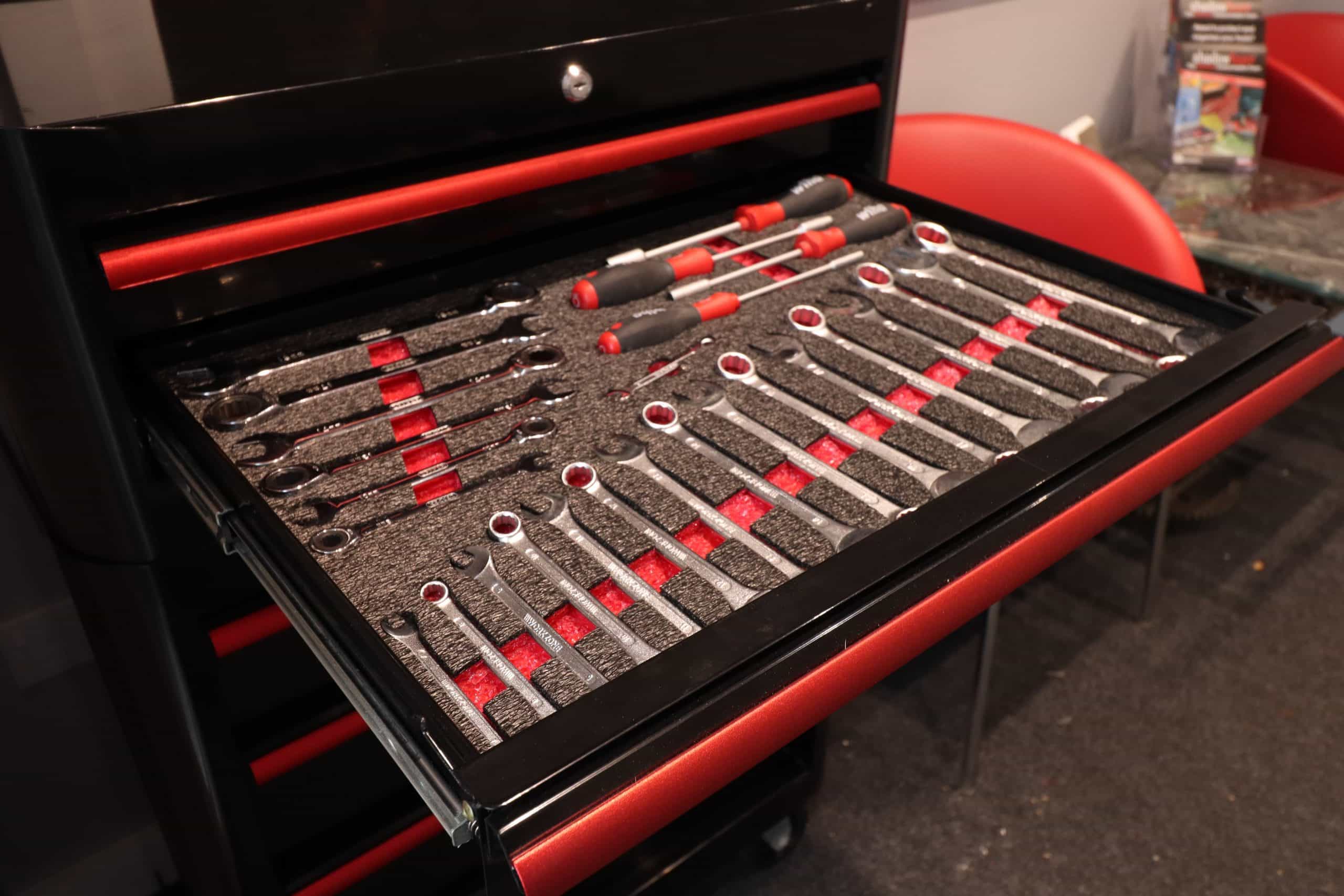 The picture shows the same draw from the previous picture, but this time the entire draw or roll cab is now perfectly organised in shadow foam easy peel. The easy peel has been cut out to allow for perfect placement of spanners and nut spinners. Nothing is going missing now!